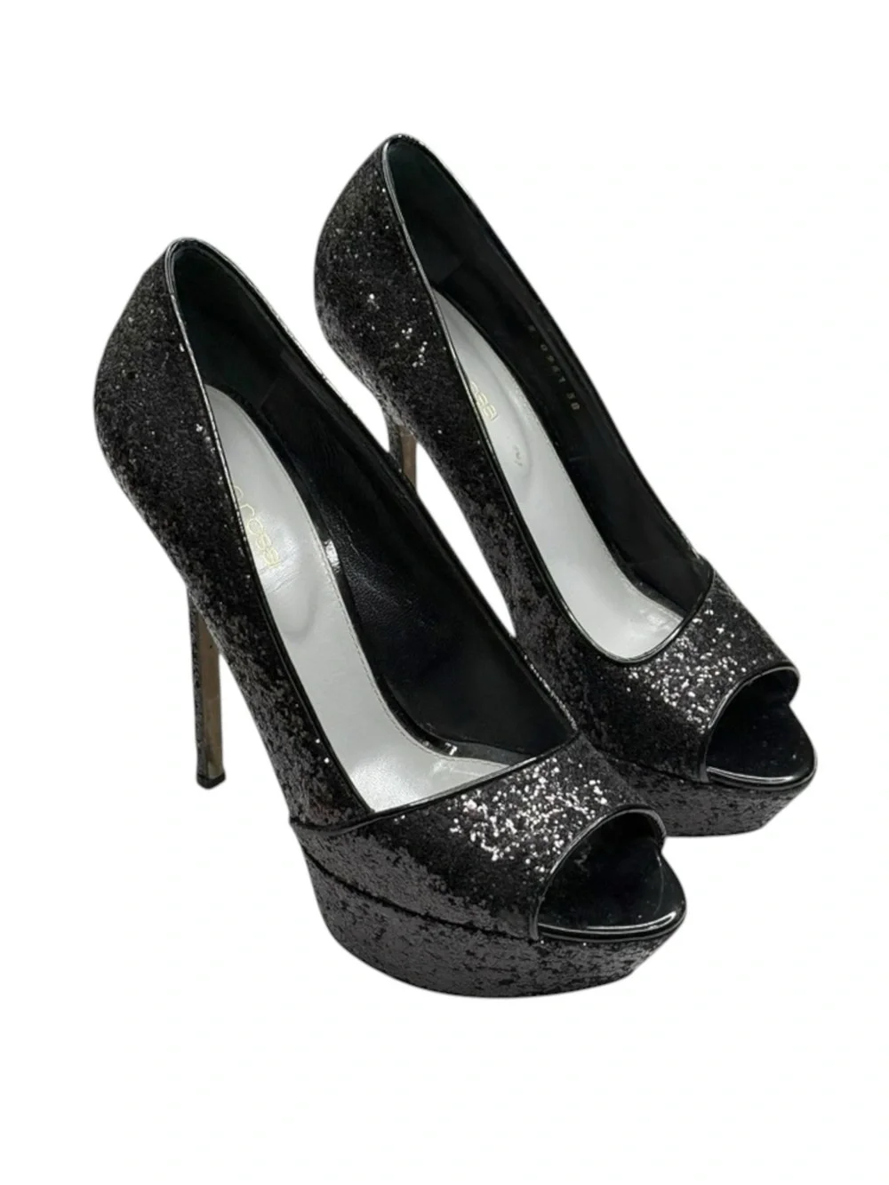 Sergio Rossi 𒀭Boston Glitter Peep Toe Platform Sky High Stiletto Pumps 𒀭Black 38